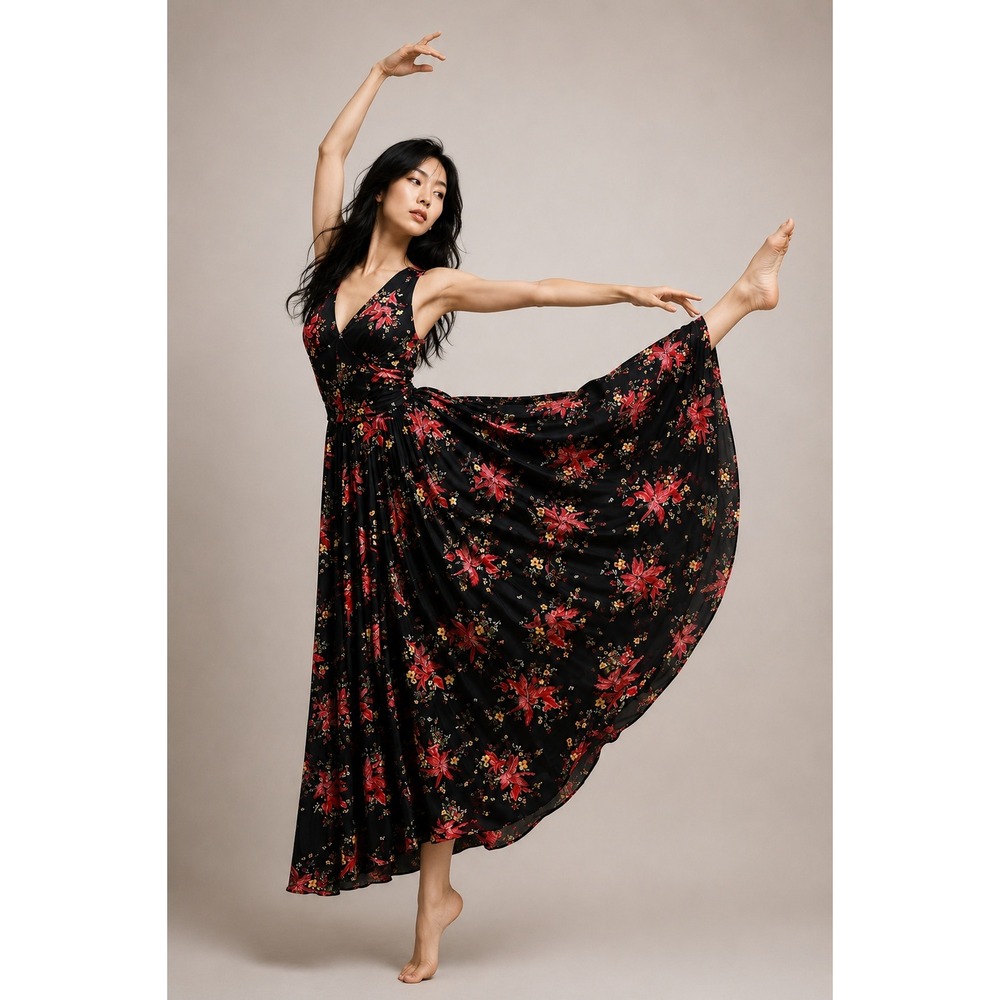 Vintage 70s Unbranded floral full sweep pleated skirt satin maxi dress, small